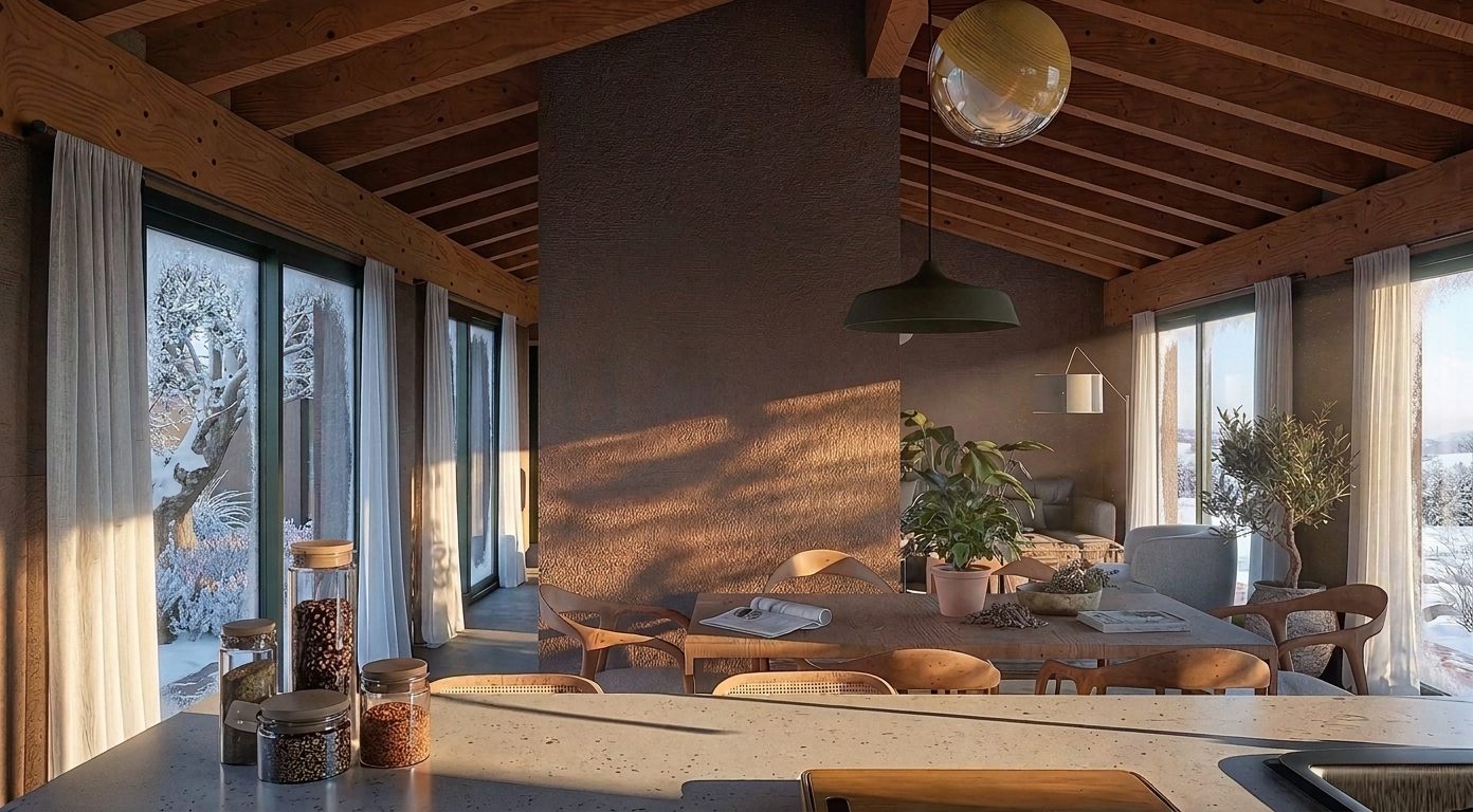 La sala un dia d'hivern, amb la neu a les oliveres de fora i el sol baix entrant per les balconeres fins a la paret de terra