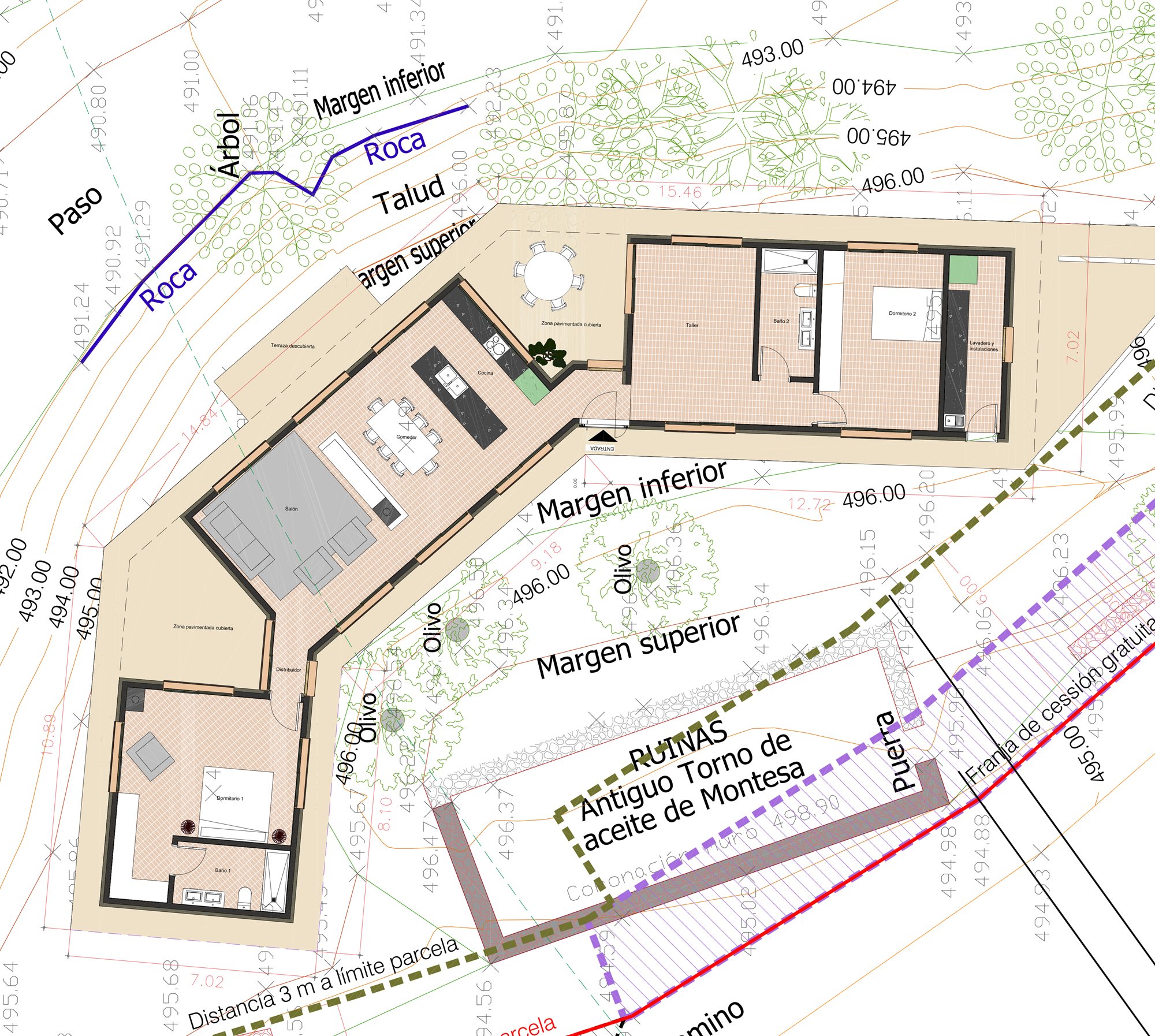 Planta de l'habitatge: el cos central amb la sala, el menjador i la cuina, el cos de llevant amb el taller, el bany, l'habitació 2 i el safareig, i el cos de ponent amb l'habitació 1 i el seu bany, amb l'entrada entre els dos primers mirant a les ruïnes