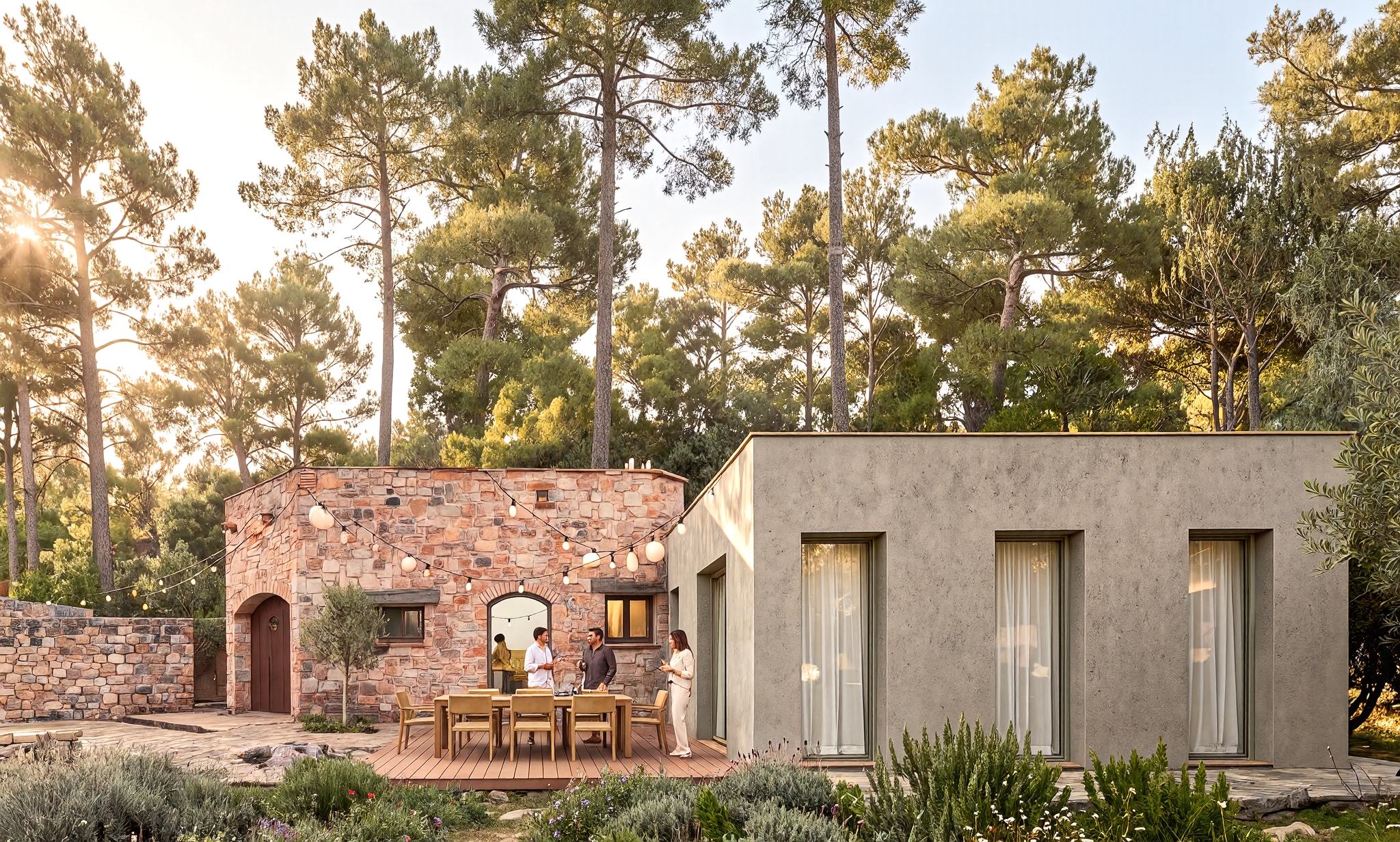 La casa entre pins a última hora de la tarda: el volum vell de pedra a l'esquerra, el volum arrebossat a la dreta i, entre tots dos, la tarima amb la taula parada