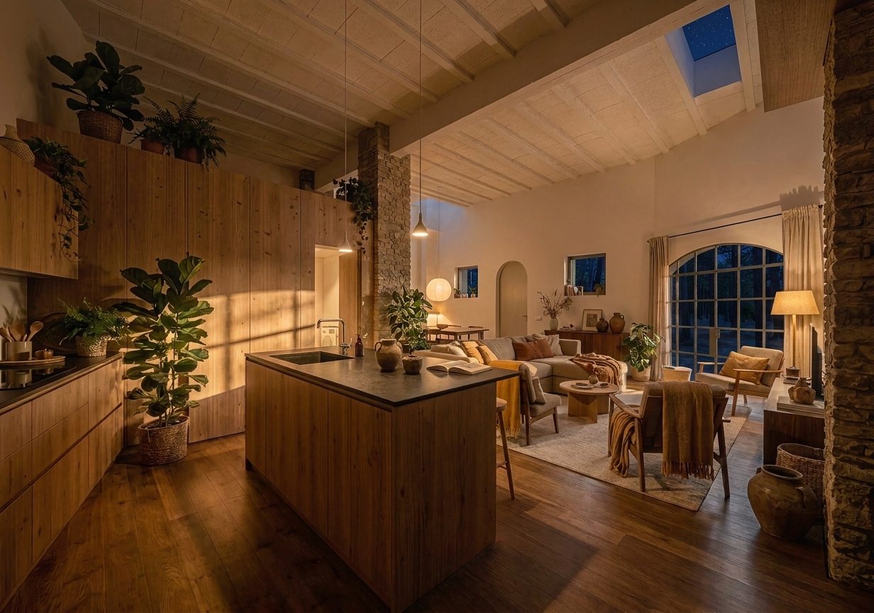 La sala de nit, amb la cuina i les llums penjades enceses, el lluernari fosc i la façana de pedra a contrallum