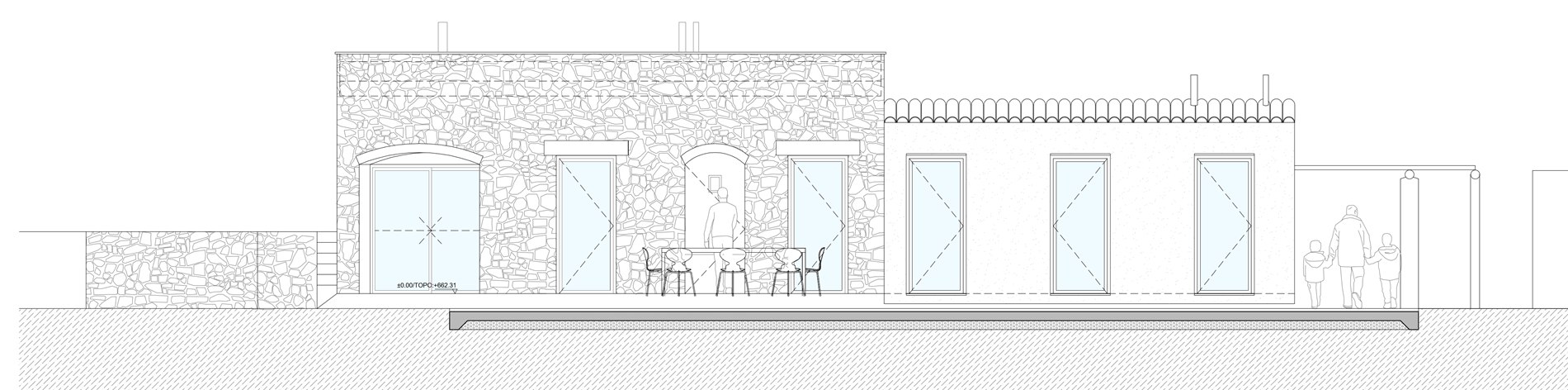 Alçat de l'estat reformat: a l'esquerra el volum de pedra amb l'arc de la sala i les portes de vidre, a la dreta el volum arrebossat amb tres balconeres verticals i el coronament de peça ceràmica