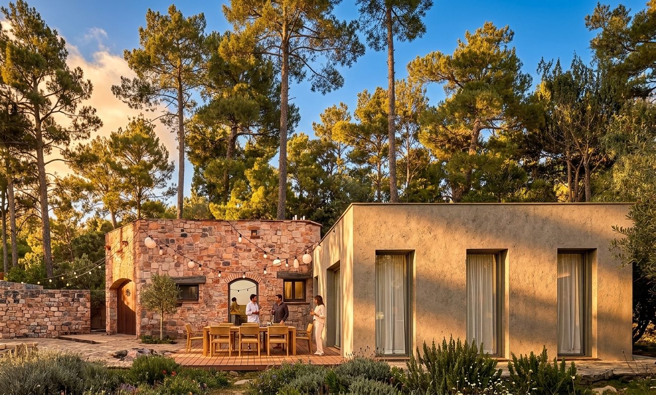 La casa amb la llum rasant de la tarda daurant l'arrebossat i les capçades dels pins