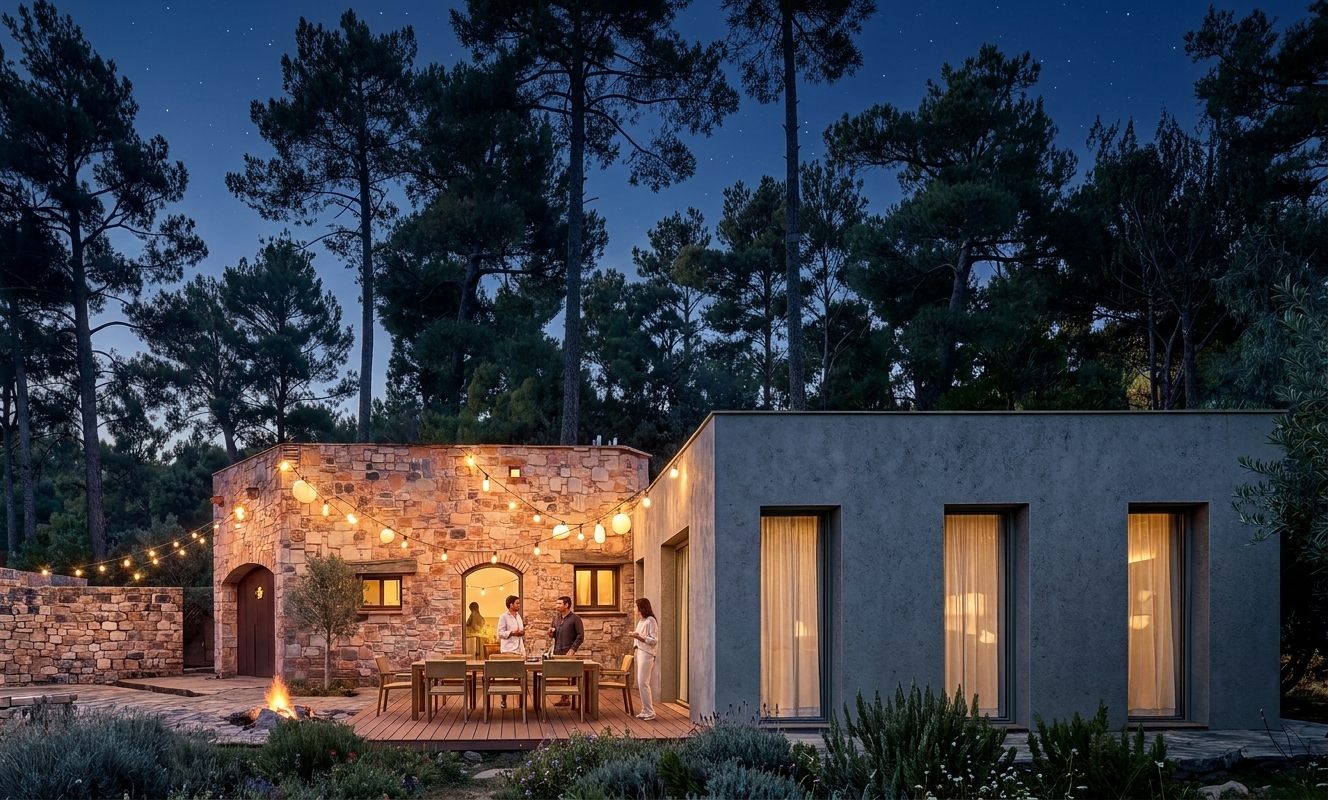 La mateixa vista de nit, amb el cel estrellat, el foc encès a terra i les finestres il·luminades