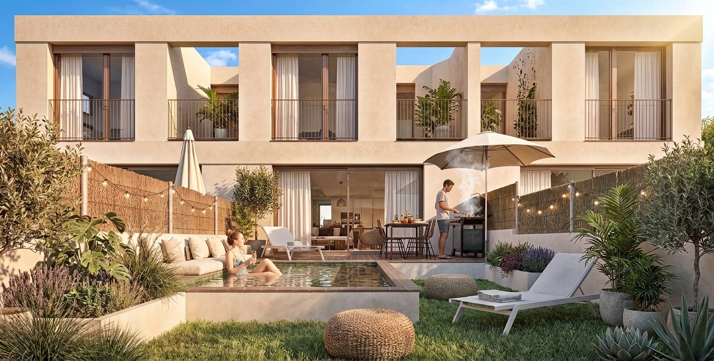 Jardí i façana posterior d'un habitatge d'autopromoció