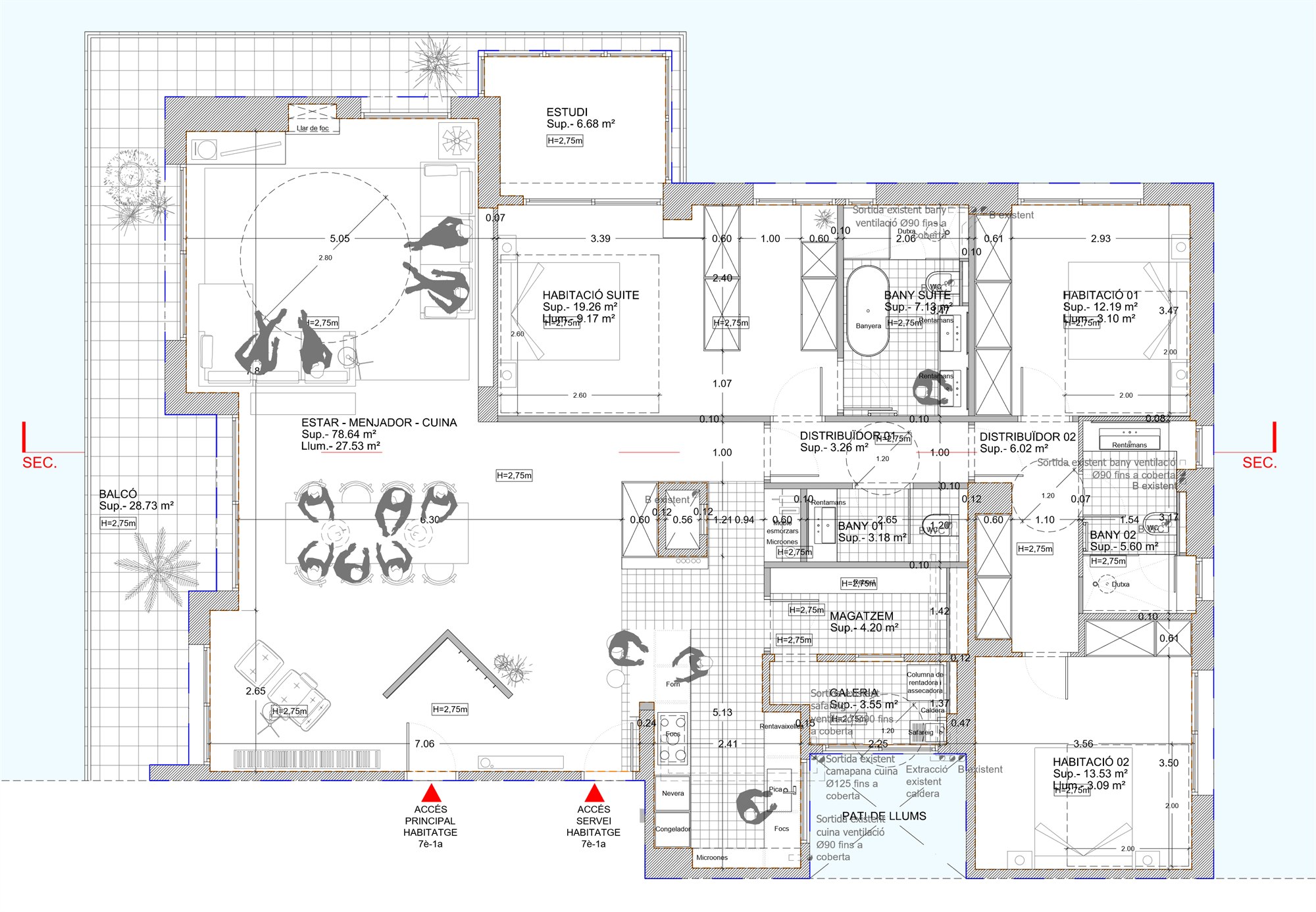 Planta de la proposta: estar-menjador-cuina de 78,64 m², habitació suite amb bany propi i dues habitacions més