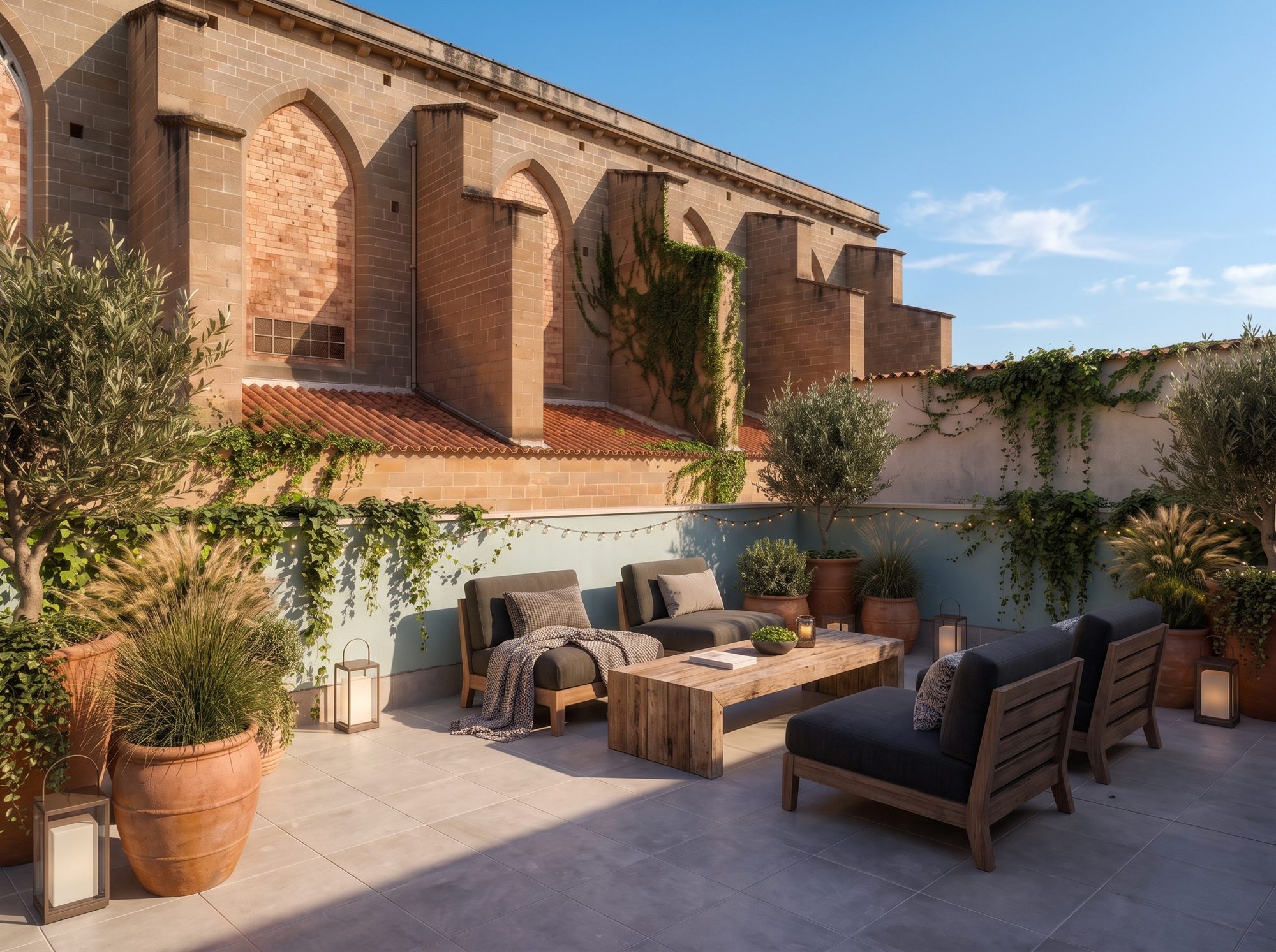 Terrassa de l'àtic amb la façana de la Seu al fons, de dia
