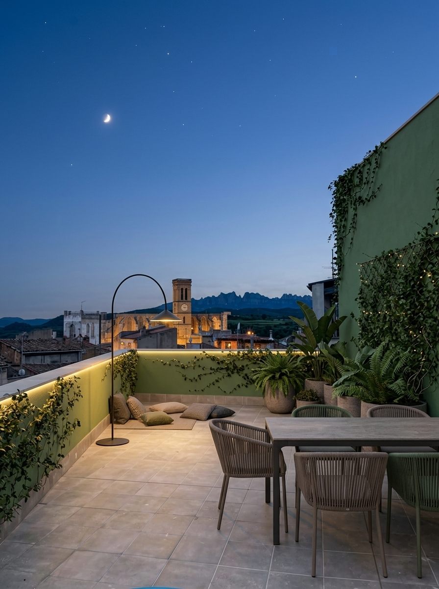 Vistes nocturnes al campanar i a Montserrat des de la terrassa