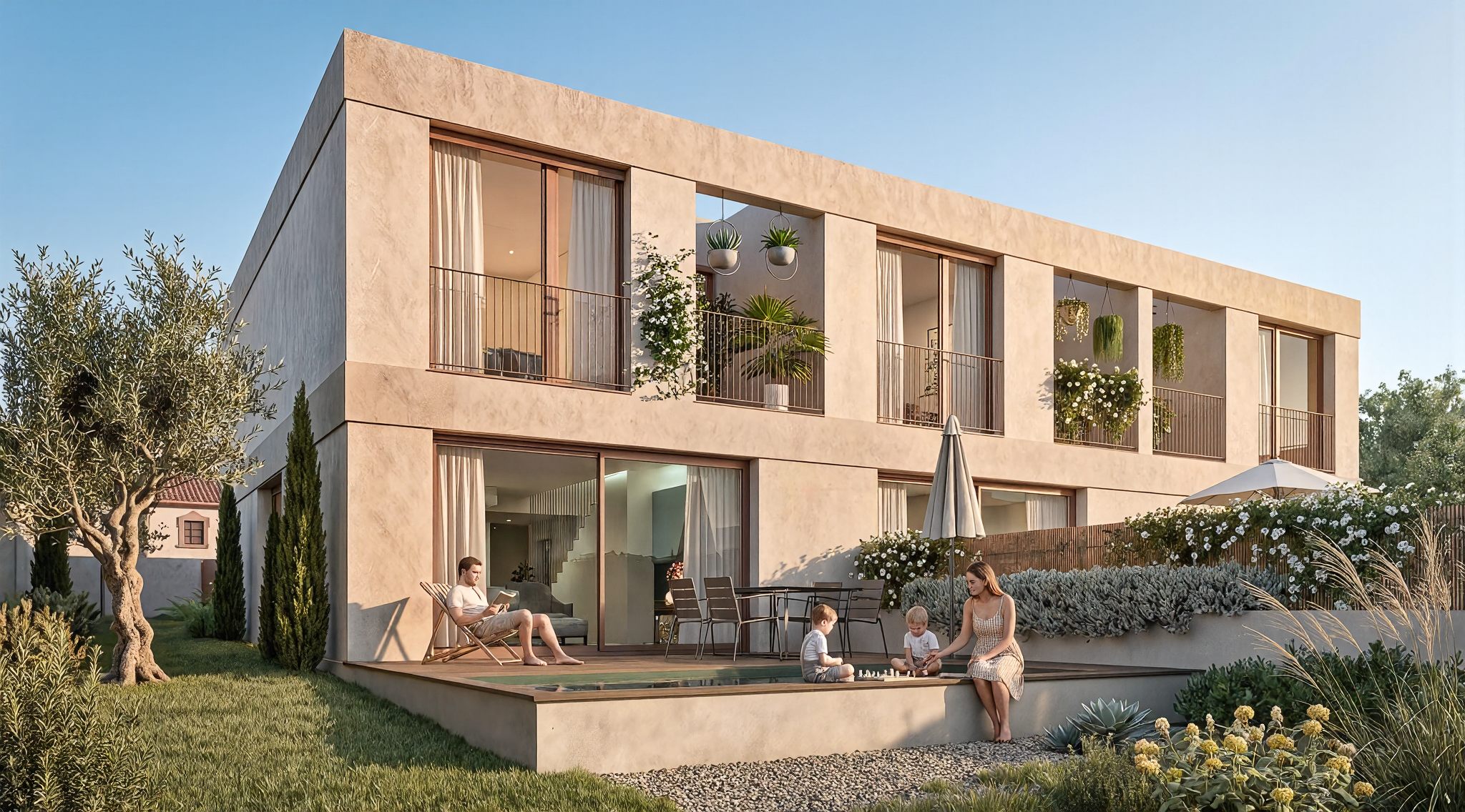 Les cases vistes des del jardí a última hora de la tarda: el volum de dues plantes amb els balcons de la planta primera, la peça de dia oberta sobre la feixa de la piscina i una família a fora
