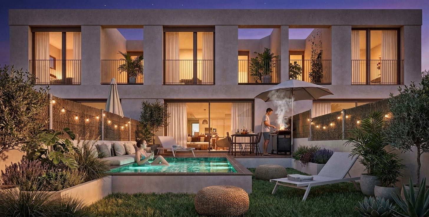 El mateix jardí a l'hora blava, amb les llums de fira enceses, la piscina il·luminada i tota la planta baixa i la planta primera enceses darrere del vidre