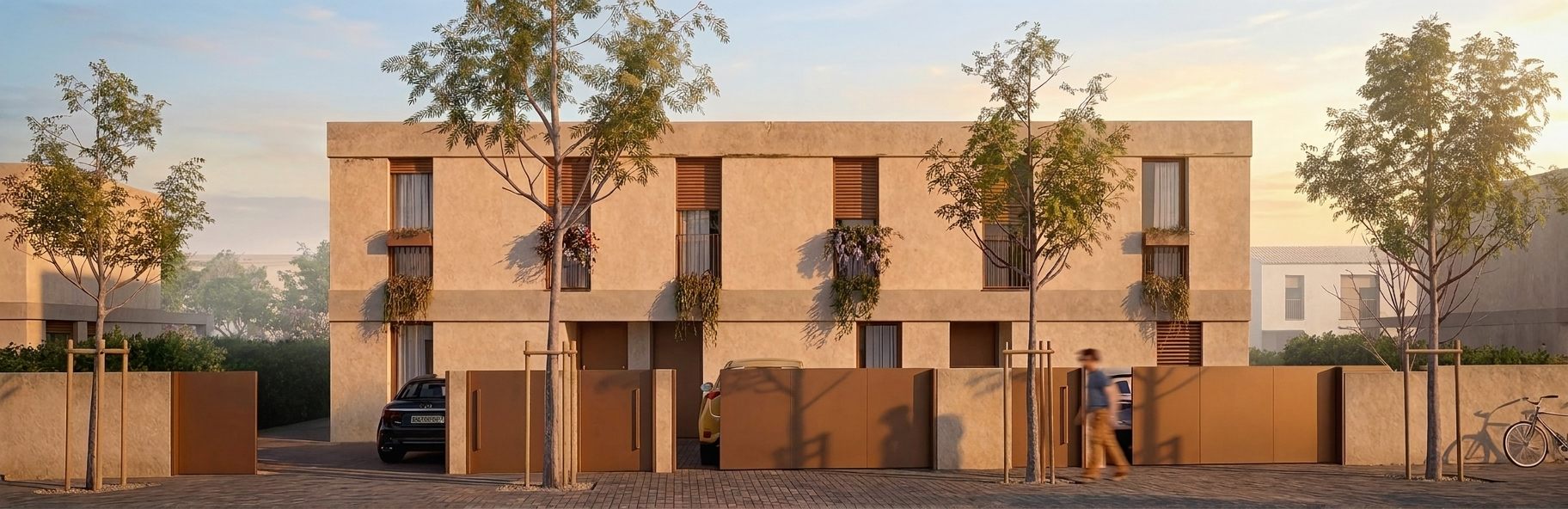 La façana del carrer a última hora de la tarda: un pla continu de dues plantes amb les finestres verticals a dalt, els accessos i les tanques opaques a baix i els arbres de la vorera al davant