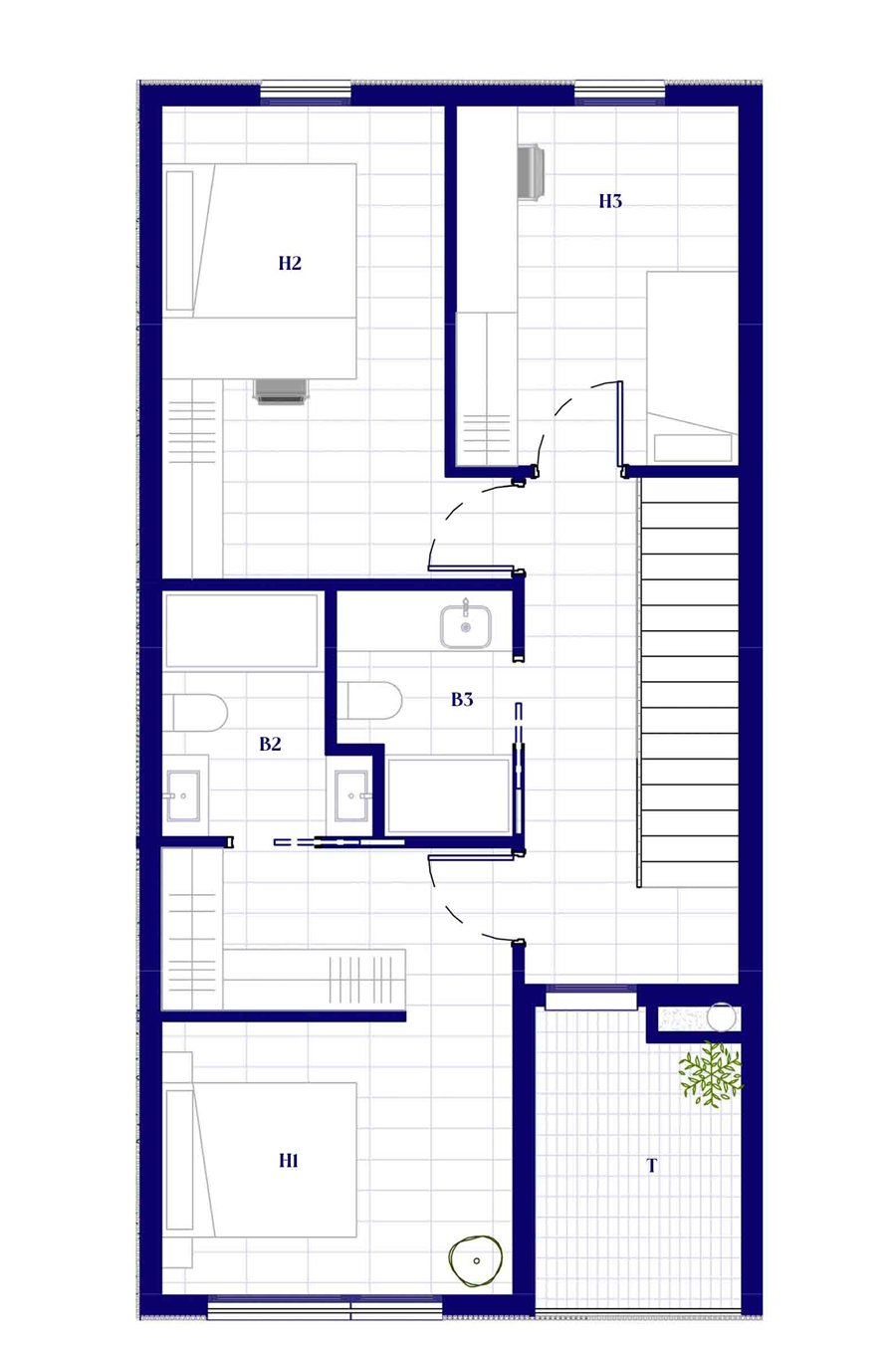 Planta primera opció A: tres habitacions, dos banys, distribuïdor central i una terrassa al costat de l'habitació 1