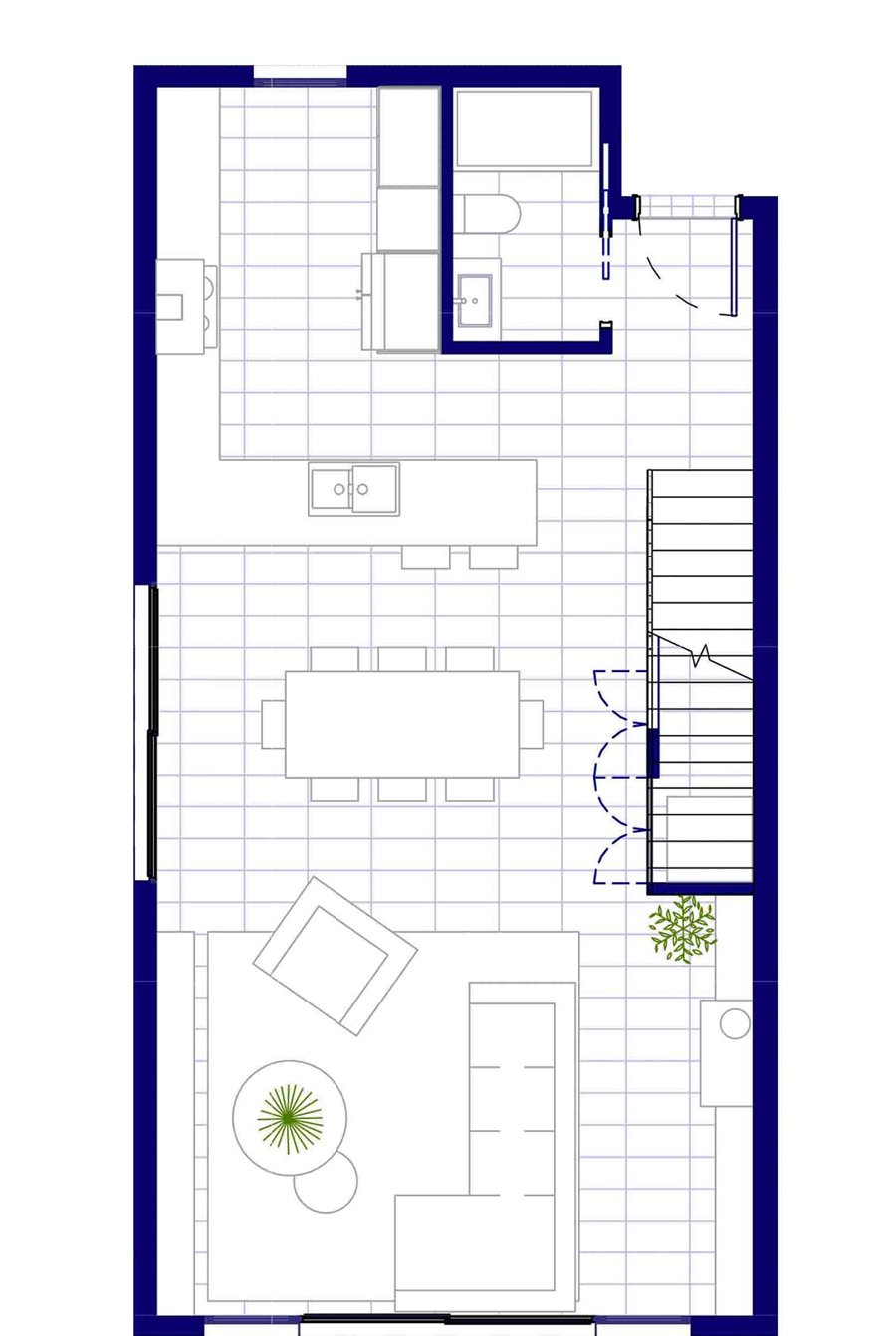 Planta baixa opció B: el rebost desapareix i la cuina s'obre en illa cap al menjador, en una sola peça amb l'estar