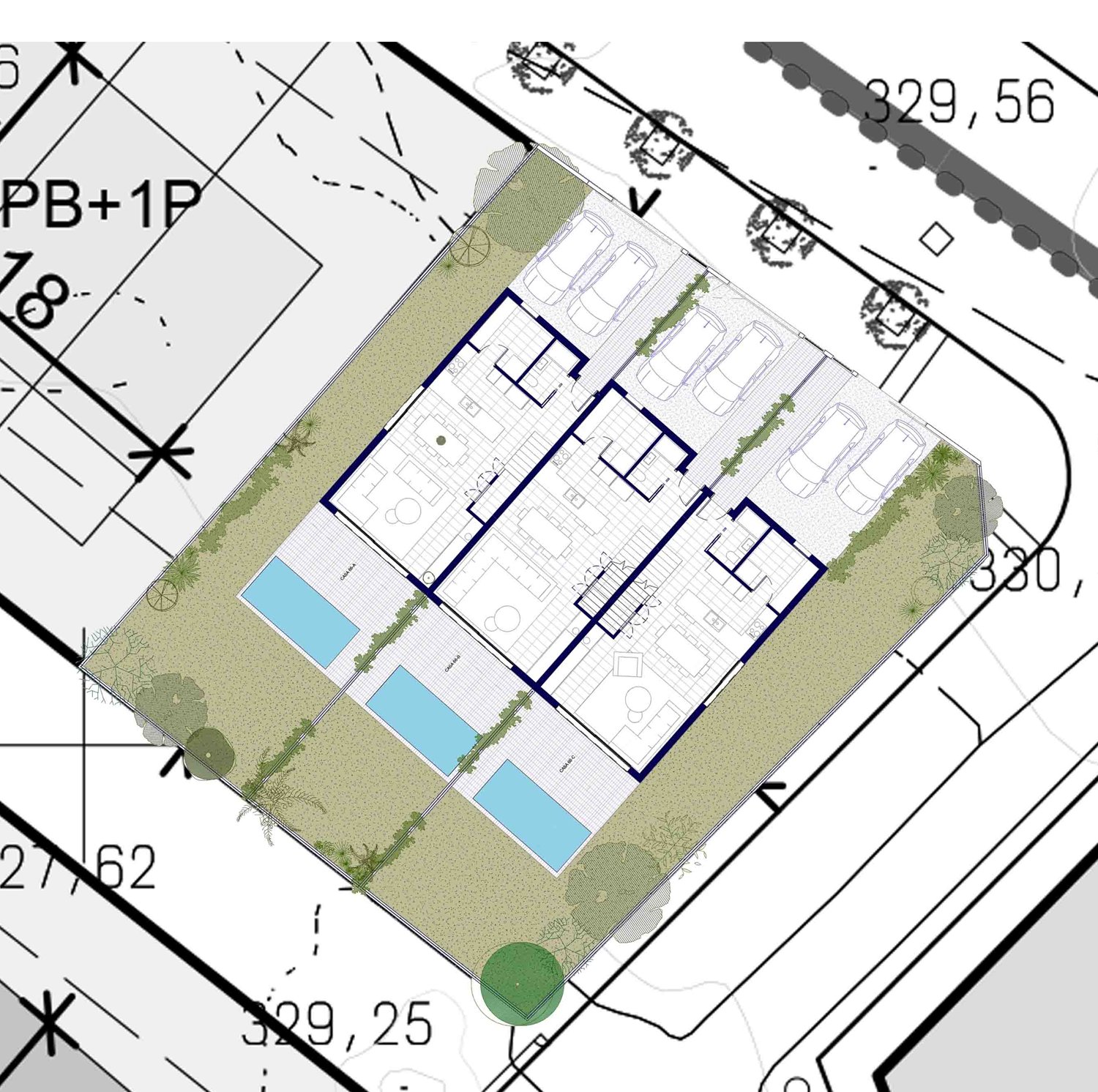 Implantació de les tres cases dins de la parcel·la, amb l'accés i les places d'aparcament al costat del carrer de Narcís Monturiol i els tres jardins amb piscina al costat oposat