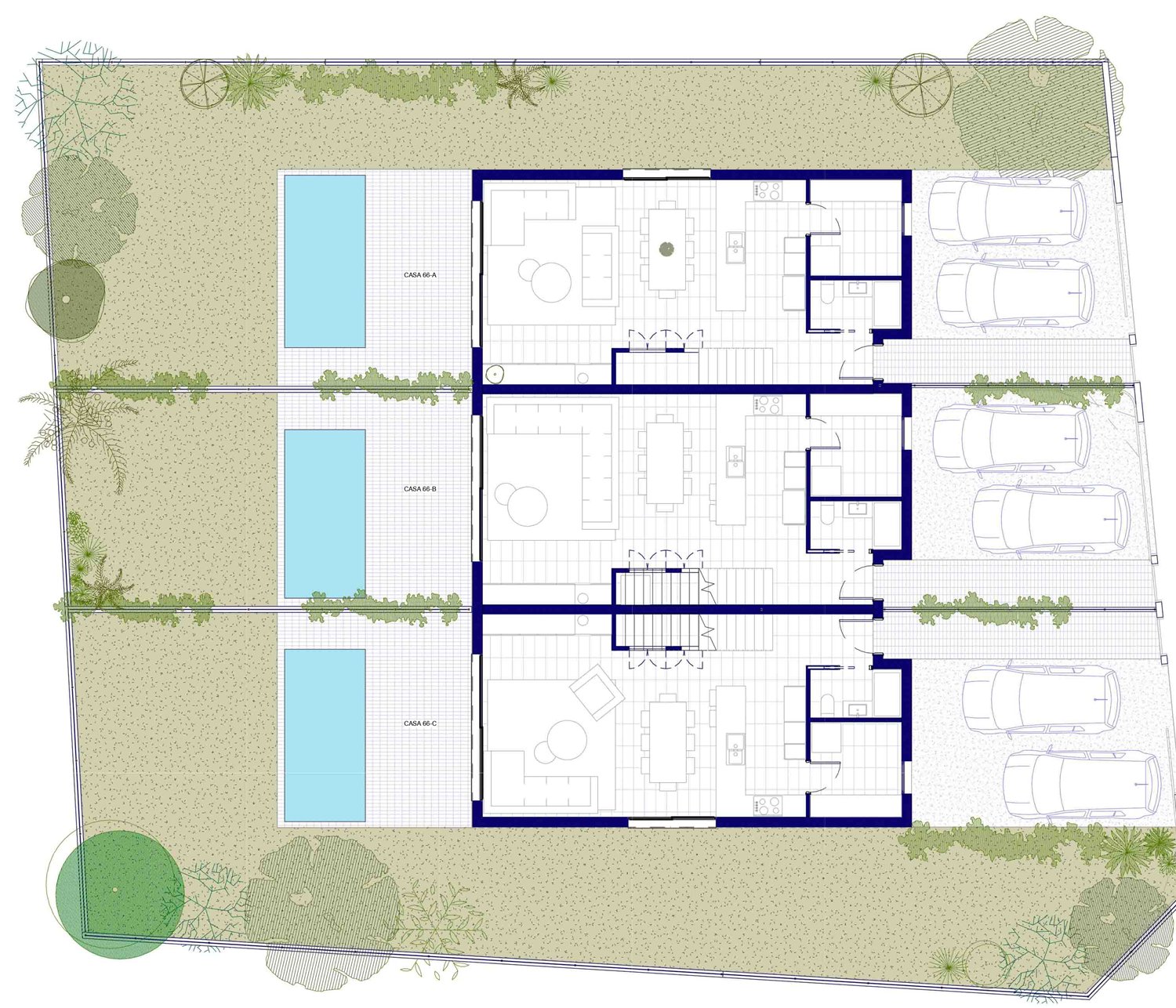 Planta baixa de les tres cases: entrada i bany al costat de l'aparcament, cuina al mig i estar-menjador obert a la terrassa, la piscina i el jardí