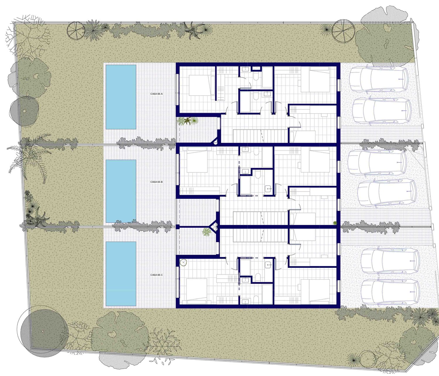 Planta primera de les tres cases: tres habitacions al voltant d'un distribuïdor central, dos banys i la terrassa sobre el jardí