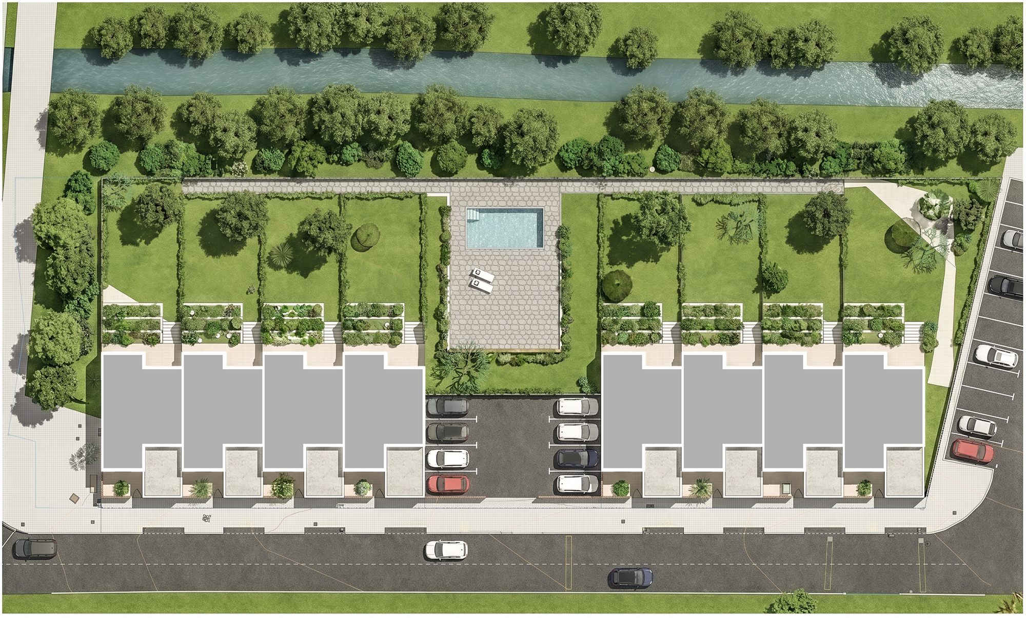 Planta general de la promoció: dues filades de quatre cases amb els patis de darrere, la finca comunitària central amb piscina i aparcament, el vial al davant i el canal del Llobregat al fons