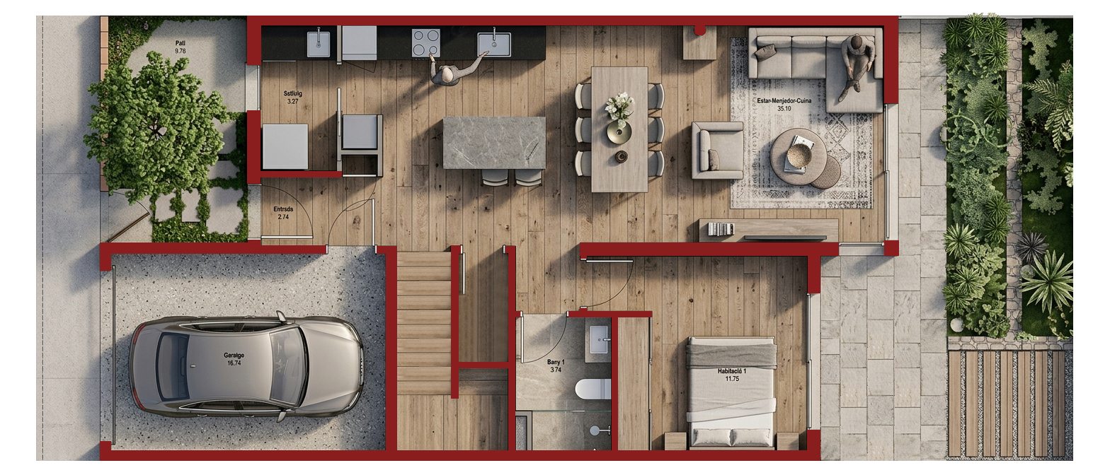 Planta baixa: pati d'entrada, garatge, vestíbul amb escala, safareig, una habitació amb bany i l'estar-menjador-cuina obert al porxo i al jardí