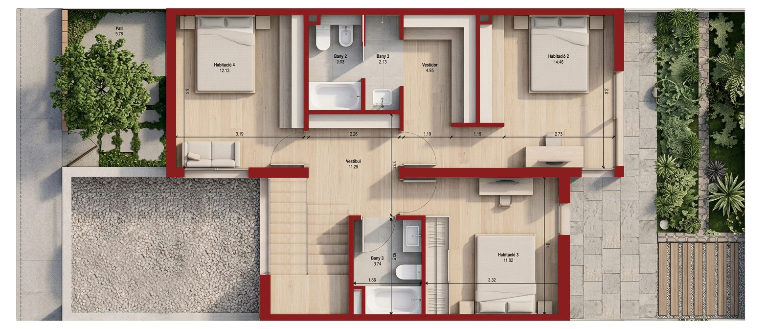 Planta primera: vestíbul central, habitació principal amb vestidor i bany propi, dues habitacions més, un bany comú i la coberta del garatge
