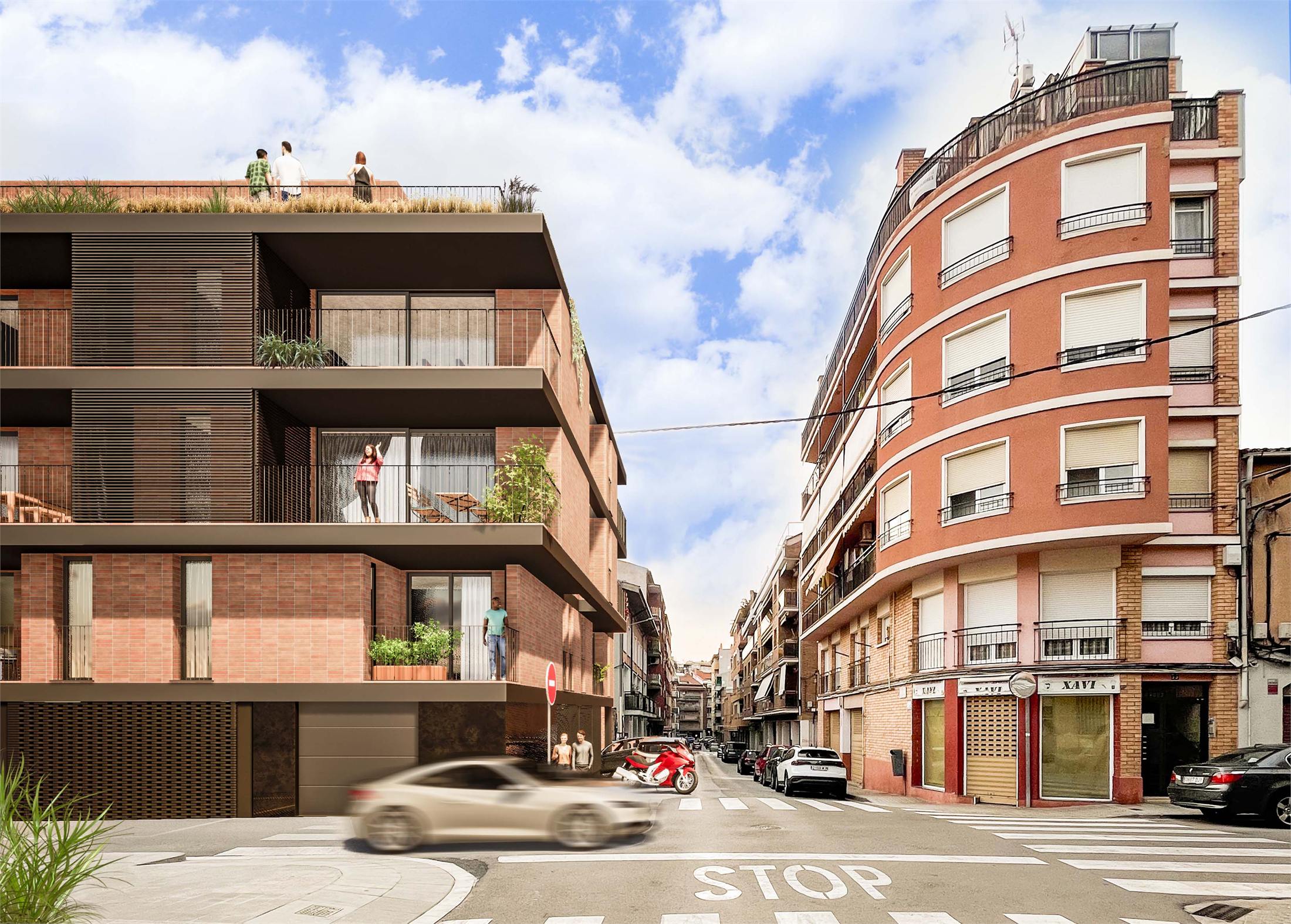 L'edifici vist des del creuament del carrer Major amb el carrer del Doctor Esteve: quatre plantes d'obra vista amb terrasses cantoneres i la vegetació de la coberta sobresortint per damunt del ràfec