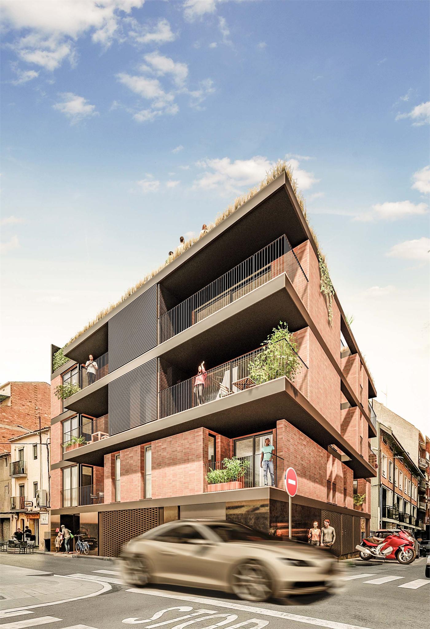 La cantonada de l'edifici vista des de baix: les terrasses giren pel xamfrà, la gelosia fosca ocupa la planta baixa i la vegetació corona la coberta