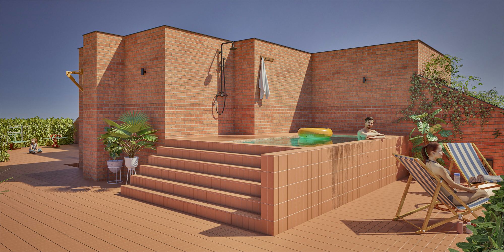La piscina de la coberta, elevada sobre un sòcol de rajola amb escales d'accés, amb la dutxa exterior a la paret d'obra vista, gandules al costat i vegetació al fons